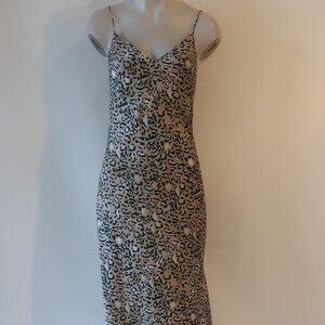 Womens All Saints Blush Black Beige Animal Print Satin Strappy Midi Slip Dress S